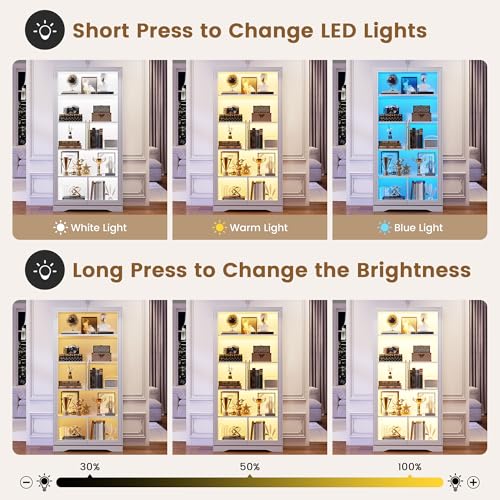 Image of LVSOMT Bookcase with Glass Doors and LED Light, Home Office Bookshelf White | 65 inch Tall Display Cabinet with Adjustable Shelves, Human Sensor, 5 Tier Storage Case for Collectibles, Living Room Study Room
