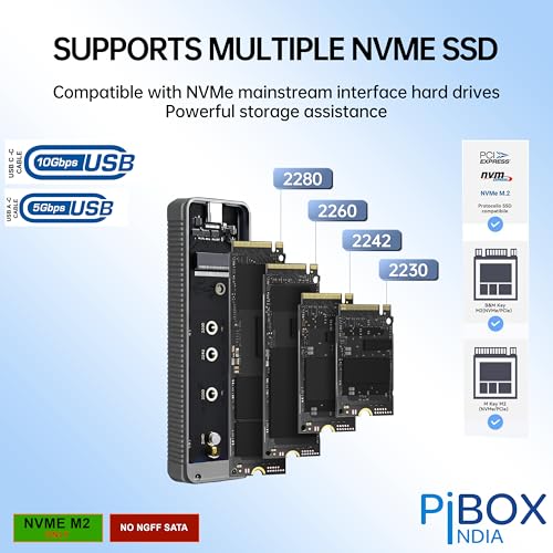 Image of NVME M2 Enclosure LCD, PiBOX India NVMe SSD Enclosure - USB 3.2 10Gbps, Tool-Free M.2 NVMe Case, PCI-E NVMe Reader, USB-C, Supports M & B&M Keys, 2230 /2242 /2260 /2280 SSDs, REALTEK RTL9210 Chipset