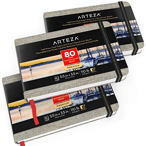 Arteza 3.5X5.5 Inch Watercolor Book, Pack Of 3, Small Pocket Pads, 80 Pages Per Journal, 110Lb/230Gsm, With Inner Pocket And Elastic Strap, Art Supplies For Watercolor Techniques And Mixed Media #TOP1