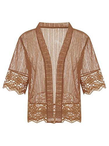 Image of Women Casual Lace Crochet Cardigan Short Sleeve Sheer Cover Up Jacket Ruffle Open Front Blouse Tops Summer Kimono Cardigans