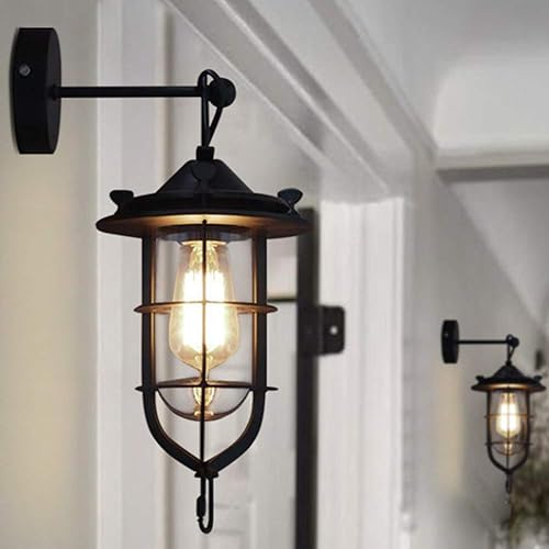 Miniatura 6 de Lámpara de pared industrial retro para porche, lámpara de pared montada al aire libre, diseño de jaula de acero con pantalla de vidrio para cocina,