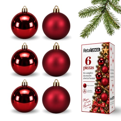 Bolas de Navidad, Adornos Arbol Navidad, 6 Piezas, Rojo Oscuro
