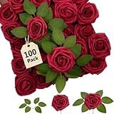 SPORTYOUTH 100Pcs Artificial Flowers Red Foam Fake Roses Bulk with Stems, Valentines Gift & Decor, Real Looking for DIY Wedding Bouquets Centerpiece Bridal Shower Party Home Mother Wife