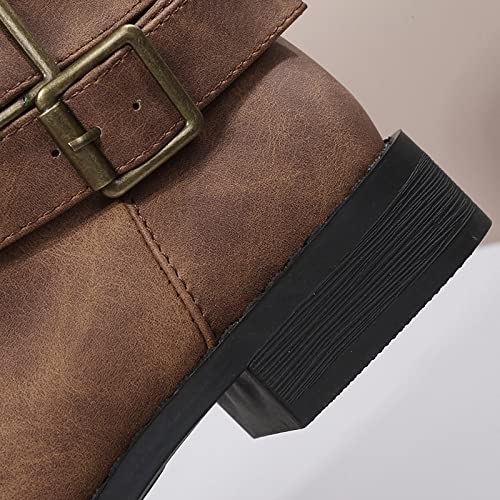 Women's Mid Calf Boots Chunky Low Heels Buckle Strap Fashion Boots Comfortable Pull On Motorcycle Riding Winter Boots (Brown,9) #TOP5