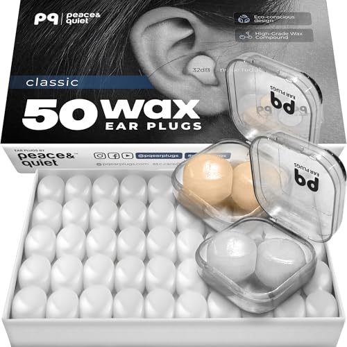 PQ Wax Ear Plugs for Sleeping, Swimming - 50 Noise Cancelling Silicone Gel Wax Earplugs, Ear Protection for Sleep and Swim, Soft Wax Pillows with Sound Blocking Level 32Db, (50 Pillows), Color: White