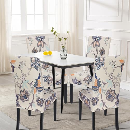 Image of SearchI Dining Room Chair Covers Set of 4, Stretch Printed Floral Parsons Chair Slipcovers Spandex Removable Washable Kitchen Chair Protector Cover for Dining Room, Hotel, Ceremony (Beige+Flower)