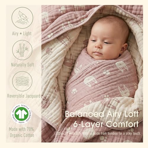 Image of 6-Layer Muslin Baby Blanket Made with Organic Cotton - Cute Bunny Rabbit Jacquard Swaddle & Crib Quilt, 43 inchx 43 inch,Blush Pink Bunny