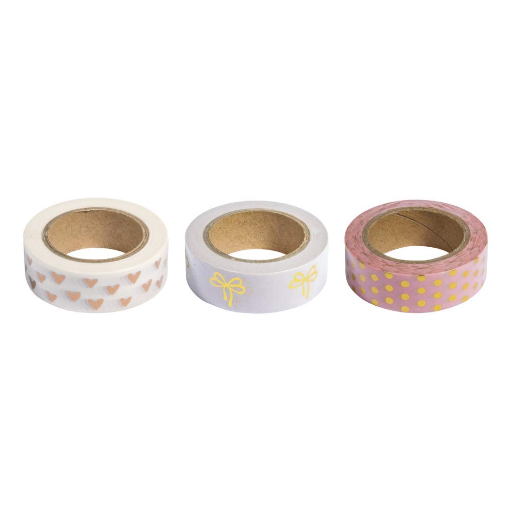 Rayher 60893000 Washi Tape Set, 3 rolki po 10 m, 15 mm szerokości, 3 wzory w kolorze różowym/złotym/białym ze wzorem, folia papierowa, taśma klejąca, taśma dekoracyjna