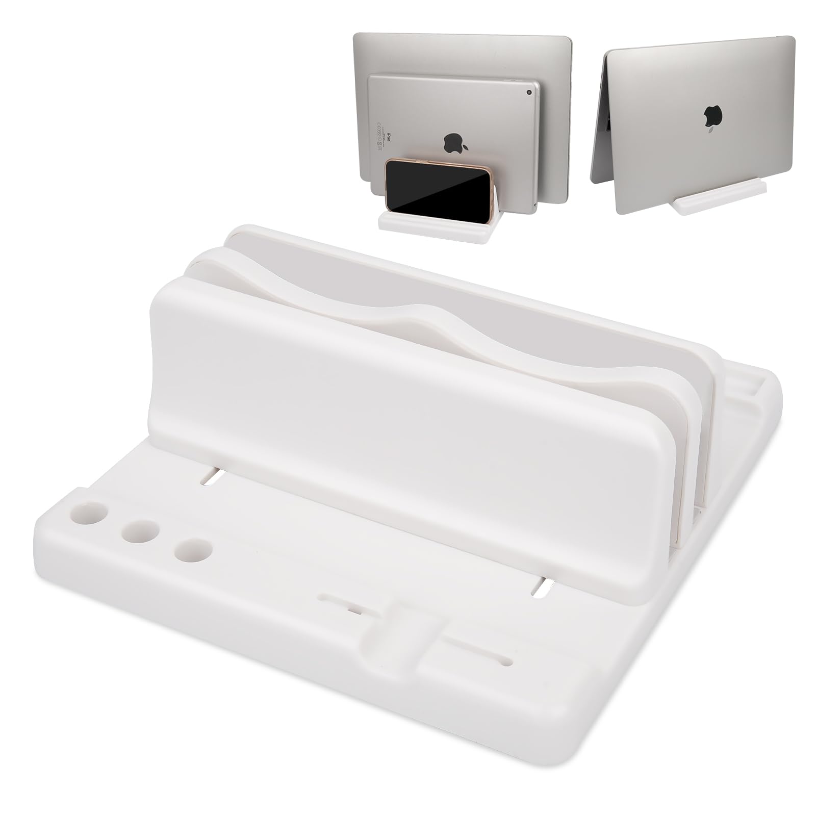 Lcckyeng Vertical Laptop Stand Holder, ABS Organizer with Adjustable Dock, 3/4 in 1 Design Extra Storage Space-Saving, Sturdy Laptop Computer Holder for PC, MacBook, Mini PC, iPad (White, 2 Slot)