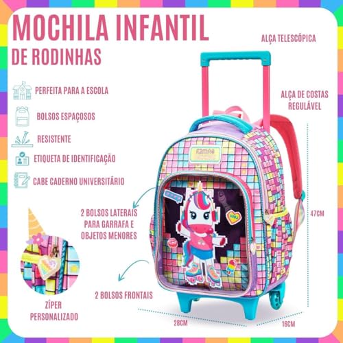 Kit Escolar Infantil Feminino C/Estampa Colorida, Mochila com Rodinhas, Lancheira Térmica e Estojo P