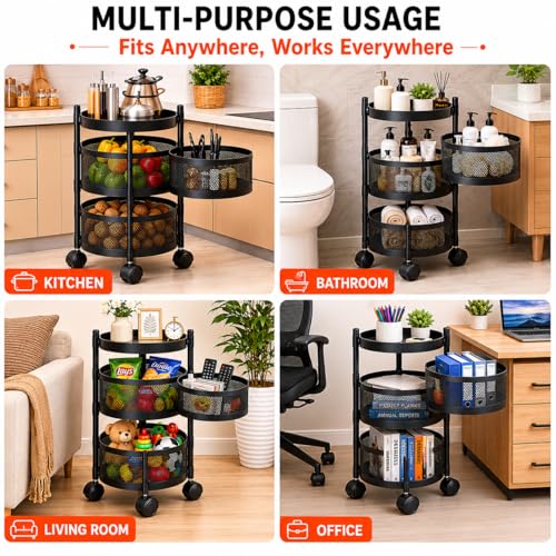 Image of Homeor 2 Layer Kitchen Trolley with Wheels | 360 Rotating Metal Storage Rack for Vegetables, Fruits, Onion & Spices | Round Multipurpose Kitchen Organizer Stand | Metal Kitchen Trolley, Matte Black
