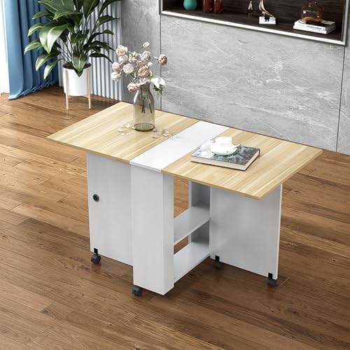 Moderna mesa de comedor pequeña con 6 ruedas y estante de almacenamiento de 2 capas, mesa de comedor extensible para ahorrar espacio (blanco + madera, 120 x 60 cm)
