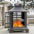EcoNook 39.5'' H×24.5" W Metal Chiminea Fire Pit, Wood Burning Fire Pits with Grill, Square Chimineas Fireplace with Mesh Spark Screen Doors& Fire Poker, Firepit for Outside, Garden, Yard…