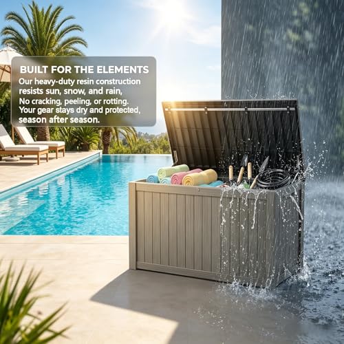 Image of 178 Gallon Resin Deck Box with Gas Lift Support - Outdoor Storage for Patio Furniture, Garden Tools & BBQ Accessories - Weatherproof Wood Grain Design with 660 Lbs Bench Seat (Lockable Lid)