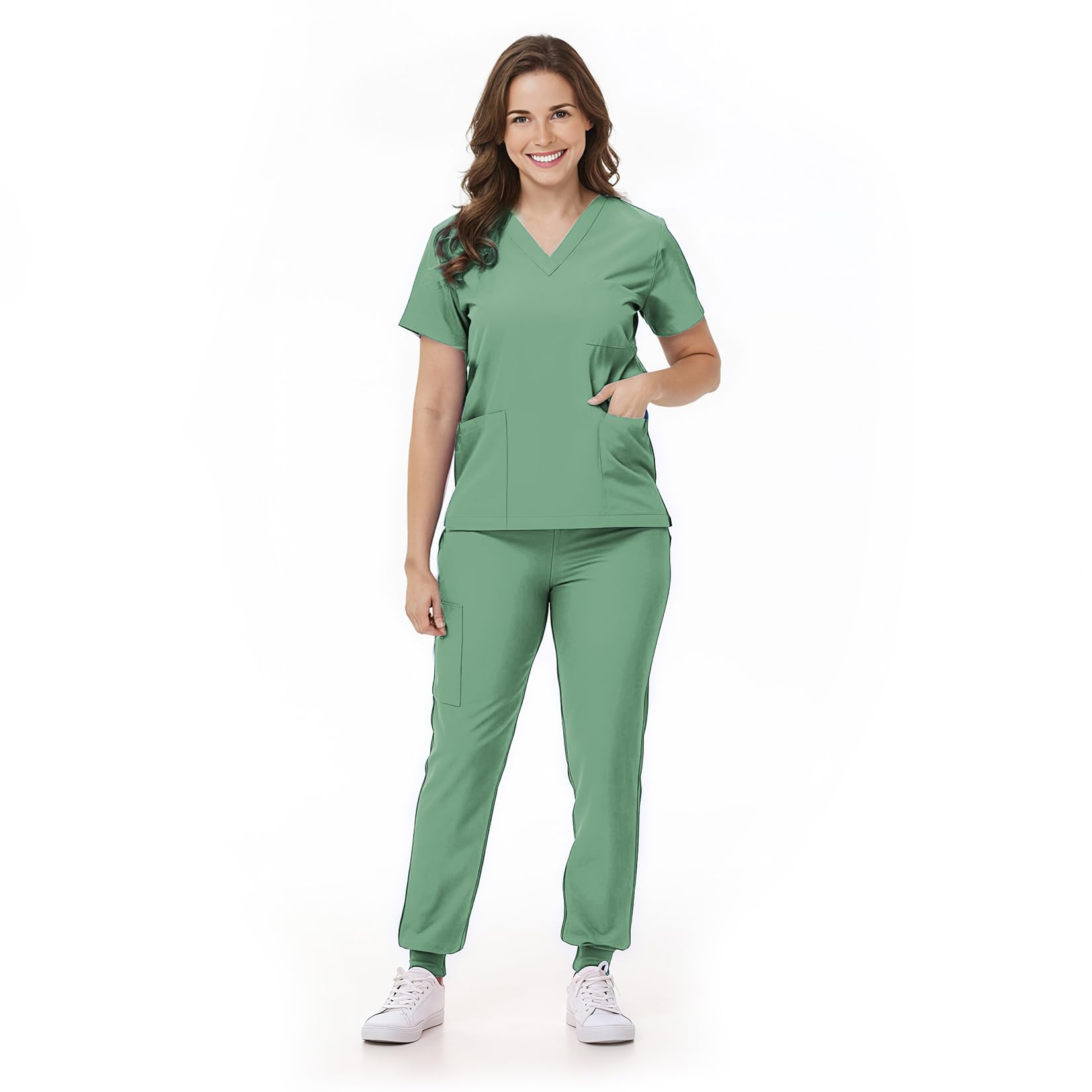 Ensemble médical pour femme, uniforme d'infirmière, haut à col en V et pantalon de jogging à cordon de serrage avec poches multiples