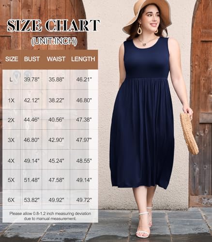 Image of LARACE Women's Plus Size Sleeveless Maxi Dress Casual Crew Neck Pleated Flowy Long Dresses with Pockets L-6XL