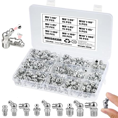 HOISGEAR 170 Stück Schmiernippel Sortiment Kit M6 M8 M10 Gerade Abgewinkelt 4590 Kegelschmiernippel Vernickeltes Eisen Schmiernippel Set Kegelschmiernippel für Schmierpressen mit Aufbewahrungsbox