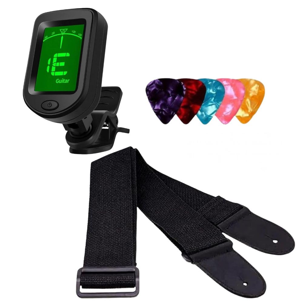 Imaginea Guitar Accessories Kit with Digital Clip-On Tuner, Adjustable Black Strap, 5 Picks Free | Tuning Device, Nylon Guitar Belt | Combo Set for Acoustic Electric Guitar Players Beginners Pros-image-11