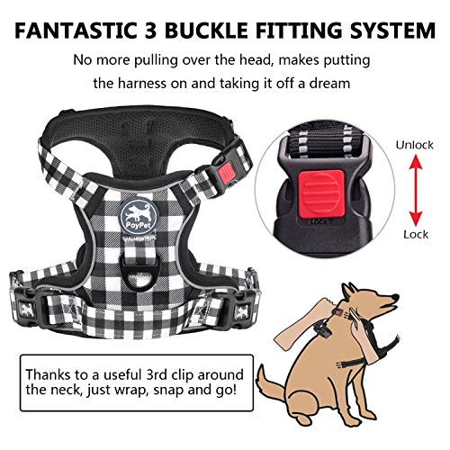 Image of PoyPet No Pull Dog Harness, [Neck Release] Reflective Adjustable No Choke Pet Vest with Front & Back 2 Leash Attachments, Soft Control Training Handle for Small Dogs(Grid,M)