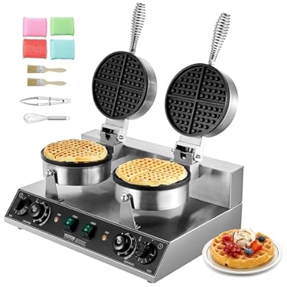VEVOR kommerzielles rundes Waffeleisen mit Doppelkopf 2460 W, belgisches Waffeleisen mit antihaftbeschichteten Backfläche, Temperatur- und Zeitregelung, für Restaurant Bäckerei Snackbar