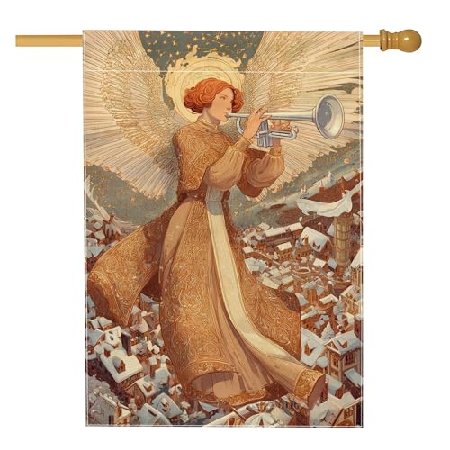 Bandera de casa de ángel, estrellas de trompeta de Navidad dorada de doble cara de arpillera exterior grande para patio al aire libre, entrada, campamento, 28 x 40 pulgadas
