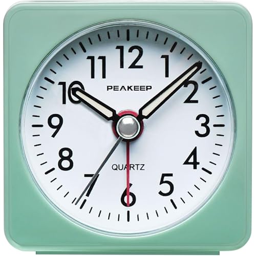 Peakeep Ultra Small, Battery Travel Alarm Clock with Snooze and Light, Silent with No Ticking Analog Quartz (Aquamarine)