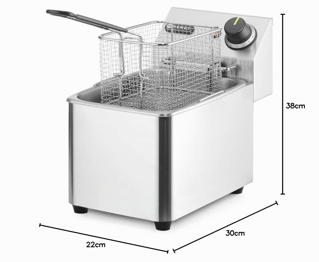 HENDI Freidora eléctrica, T ajustable hasta 190°C, termostato de seguridad, zona fría, con tapa y cesta de freír, tanque de aceite extraíble, 4L, 230V, 3000W, 217x380x(H)300mm, acero inoxidable
