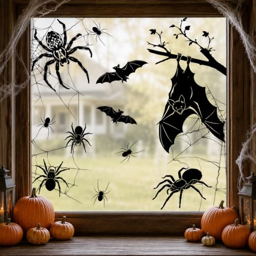 Image of AhfuLife Large Halloween Window Clings Decorations, 12.6 x 35.4 in, 5 Sheets Scary Bat Spider Cobweb Window Stickers Double‑Sided Extra Large Silhouette Reusable Decals for Halloween Home Party Indoor