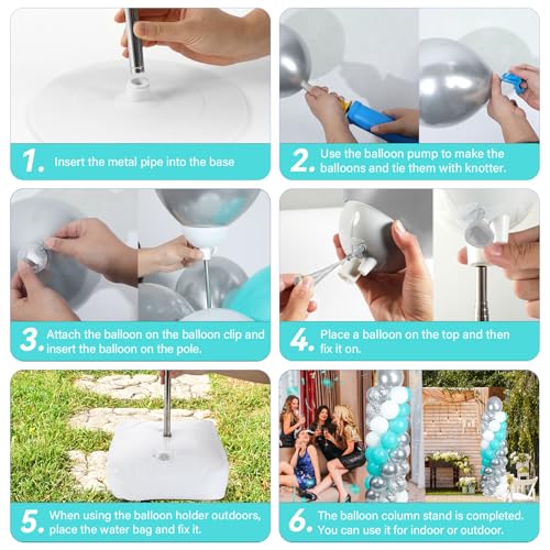 Image of 2 Sets Teal Blue Silver White Balloon Column Stand Kit with 102 Balloons Adjustable Balloon Tower Stand with Bases for Floor Confetti Silver Balloons Column Kit for Graduation Birthday Party Decor