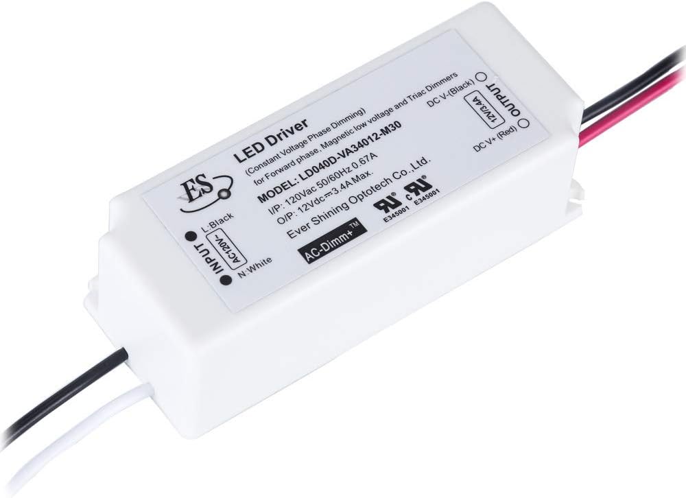 12V Dimmable LED Driver 40 Watt Triac Dimming 12 Volt Power Supply IP67 Waterproof Adapter 3.4A, Constant Voltage 40W Power Converter,120V to 12V Low Voltage Transformer