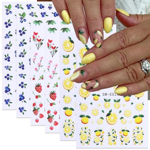 Fruit Nail Art Stickers Decals 3D Summer Nail Stickers 6PCS Lemon Strawberry Blueberry Summer Nails Design 3D Self-Adhesive Nail Decals Fruit Sticker for Nails Women DIY Manicure Nail Art Decorations