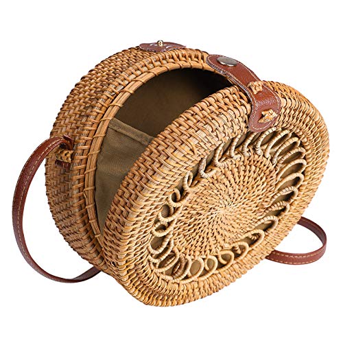 Round Rattan Bag for Women Straw Bag Handwoven Beach Bohemian Shoulder Purse by Enmain (Style-5)
