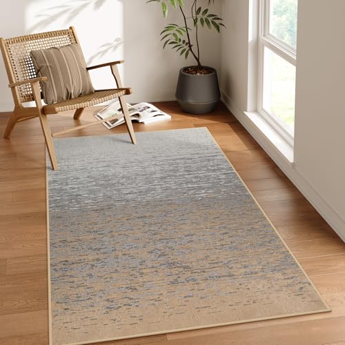 Moynesa Washable 3x5 Area Rugs for Entryway Indoor, Modern Kitchen Rugs for Living Room Bedroom Non Slip, Farmhouse Bathroom Carpet Soft Solid Front Door Mat in High Traffic, Beige/Grey 3' x