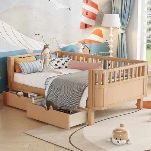 Twin Size Kids Bed Frame, Low Profile Montessori Twin Bed with Rails, Wood Daybed with Storage Drawer for Girls & Boys, No Spring Box Required, No Squeaks, Natural