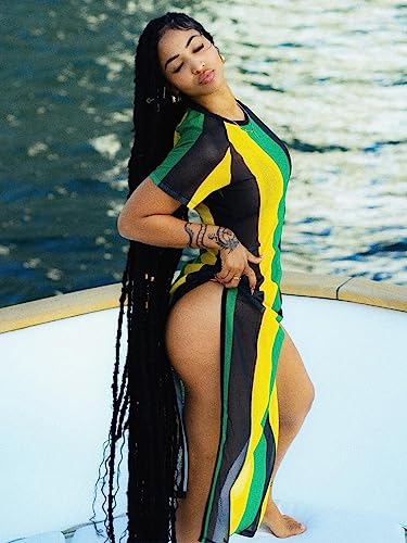 XZLUFNY Womens Colorful Stripe Fishnet Beach Dress Bikinis Swimwear Cover Ups3