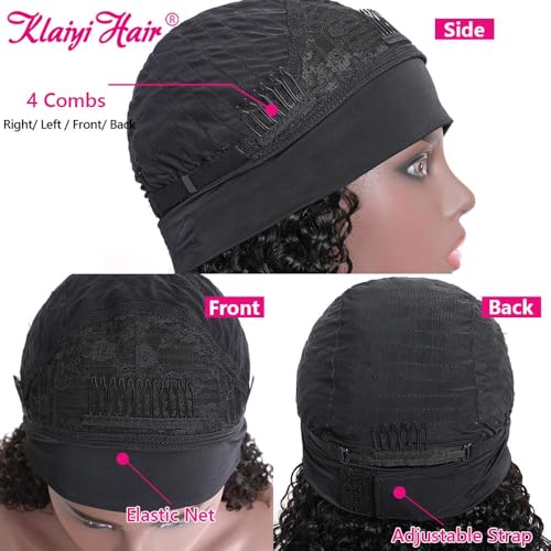 Image of KLAIYI Human Hair Water Wave Curly Non Lace Front Wigs for Black Women, Deep Wave Glueless Wear and Go Half Wig, 30S Ready to Go Wig with Band, Beginner Friendly, 20Inch