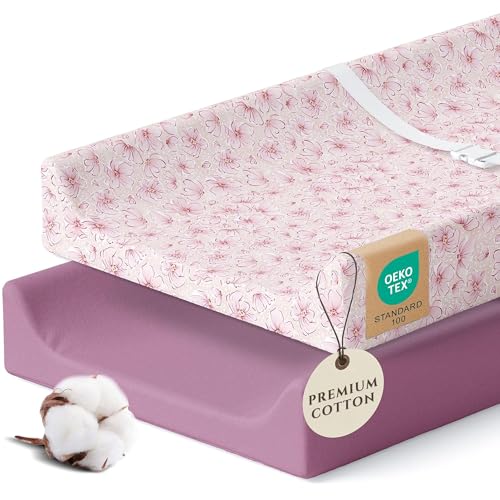 Image of Pobibaby 2 Pack Changing Pad Covers for Girls - Premium Cotton Blend Baby Diaper Changing Table Cover, Soft Breathable Girl Nursery Pad Sheets for Standard Pads 16x32 Newborn Bedding (Blossom)