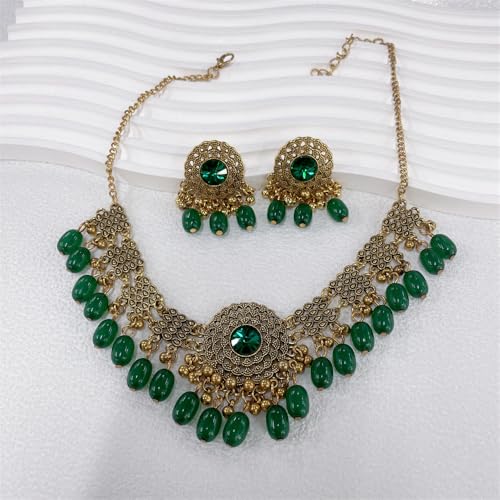Indian Beaded Tassel Dangle Drop Round CZ Stud Earrings Choker Necklace Set Adjustable Chain for Women Gold Plated Bollywood Uniqie Fashion Trendy Jewelry (Green) by NewZenro - Used condition - Image 4