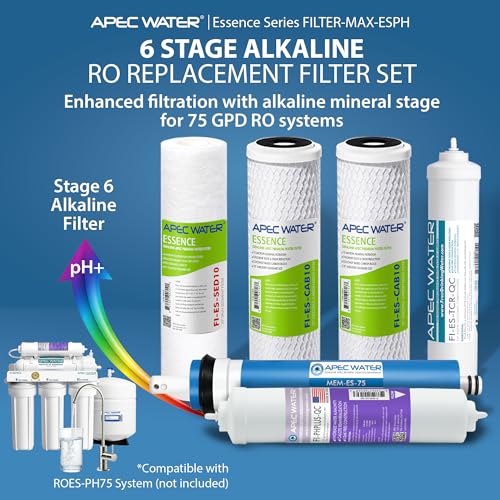 Image of APEC Essence Series Alkaline Replacement Filter Kit for ROES-PH75 Reverse Osmosis System, 6 Stage RO Filter Set with RO Membrane and pH Remineralization Filter, 75 GPD Under Sink System