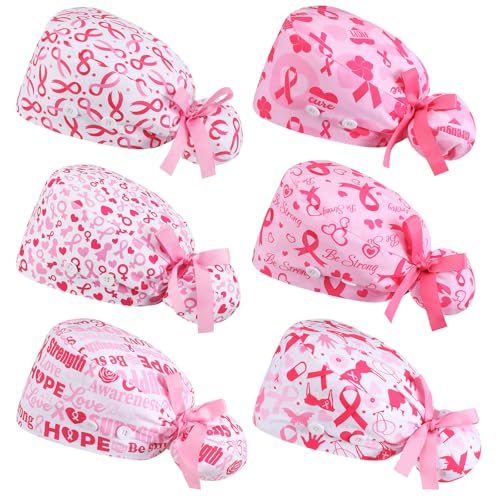 HooLing 6 Pcs Scrub Caps Nurse Hat with Button Women,Pink Ribbon