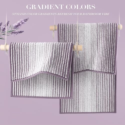 Bathroom Rugs and Mats Sets, 2 Piece Thick Absorbent Chenille Bath Mat Rug Set Non Slip, Soft Shaggy Bath Room Floor Mats for Bathroom, Machine Washable (Lavender Purple, 20" x 32" Plus 16" x 24")
