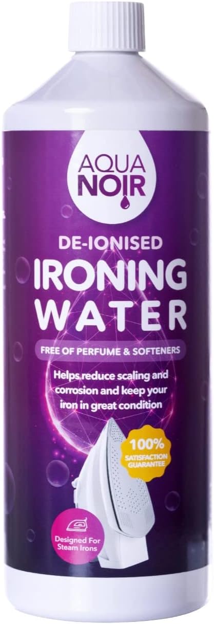 AQUANOIR Deionised Demineralised Ironing Water 1L | Pure Ironing Water for Steam Iron, Perfume & Softners free | Pure Deionised Water for Iron, to prevent impurities & minerals deposit | Made in UK