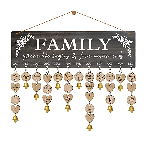 Image of Buecasa Wooden Family Birthday Reminder Calendar Board Wall Hanging - Decorative Birthday Tracker Plaque with 100 Tags - Family Where Life Begins and Love Never Ends