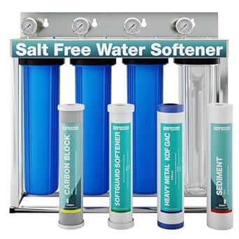 NU Aqua 4 Stage Main Line Salt Free Water Softener Whole House Water Filter System (20” x 4.5”) | Reduce Heavy Metals, Chlorine, Odors | Sediment, Water Softner, Heavy Metal KFD GAC, Carbon Block