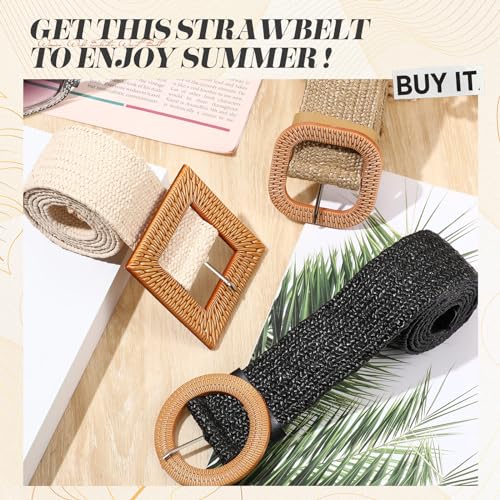 Image of Syhood 3 Pieces Straw Woven Elastic Waist Belt for Women Bohemian Dress Braided Belt