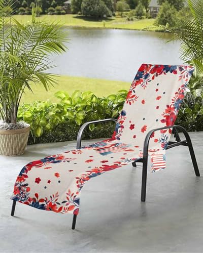 Independence Day Beach Chair Towel Covers for Chaise Lounge with Side Pocket, Soft Plush Pool Towels Cover for Patio Sunbathing Outdoor 29''x85'' Rustic Red Botanical Flower Gnomes