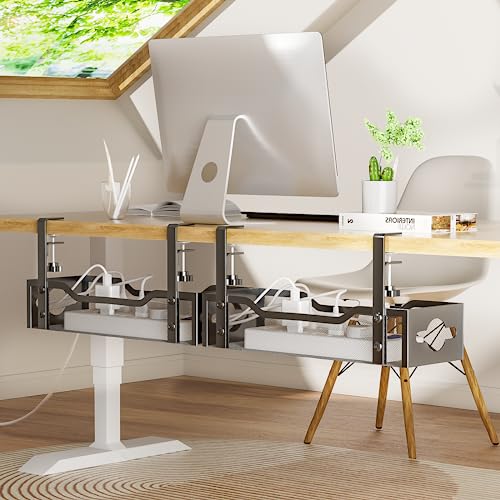 Image of Litwaro Under Desk Cable Management Tray 2 Pack, No Drill, Organizer with Clamp Easy to Install for Standing Cord Organizer, Wire Damage Desk, Black, 13.38''-2 pack