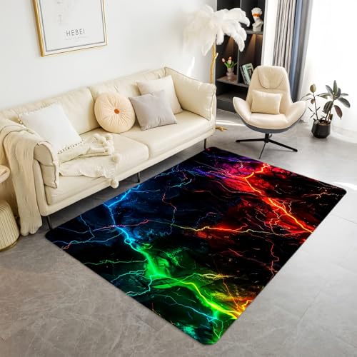 LOMDEM Alfombra de Salón Neón Visual Pelo Corto, Alfombra Habitación Juvenil Alfombra Punk Sci Fi 3D - Geometría Abstracta Alfombras de Dormitorio Multicolor, Alfombras de Franela, 80x120 cm, Multi 1