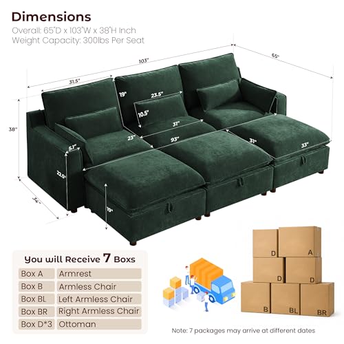 Image of WorthFurni Modern Modular Sectional Sofa,103 inch Sleeper Sofa Bed Minimalist Couch with Storage Ottoman,Comfty 6 Seat Sofa for Living Room,Green Chenille