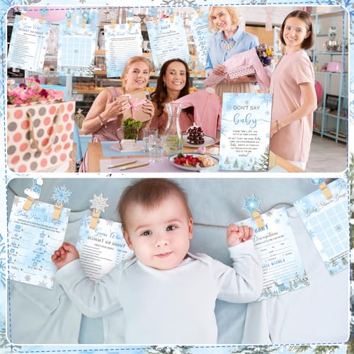 Image of Patelai 321 Pcs Blue Snowflake Baby Shower Game Supply for Girl or Boy 5 Set Include 50 Activity Card 20 Pencil 1 Don't Say Baby Sign 50 Clothespin for Price Is Right Prediction Bingo Game Party Decor